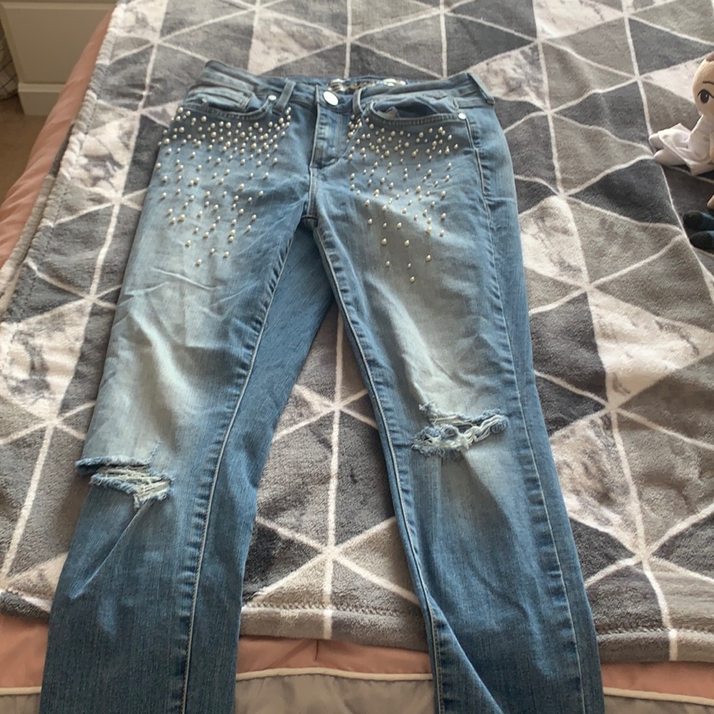 Light wash denim with pearls
